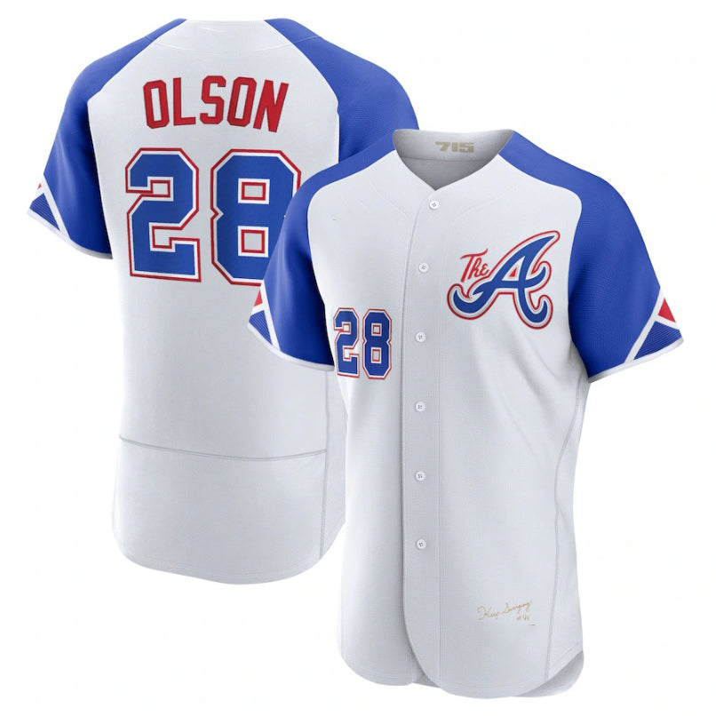 Atlanta Braves #28 Matt Olson ACTIVE PLAYER Custom White 2023 City Connect Flex Base Stitched  Baseball Jersey