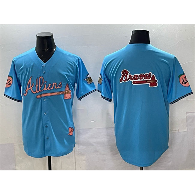 Atlanta Braves Team Big Logo Blue 2024 Atliens & Peach With Outkast Patch Vapor Limited Stitched Baseball Jersey