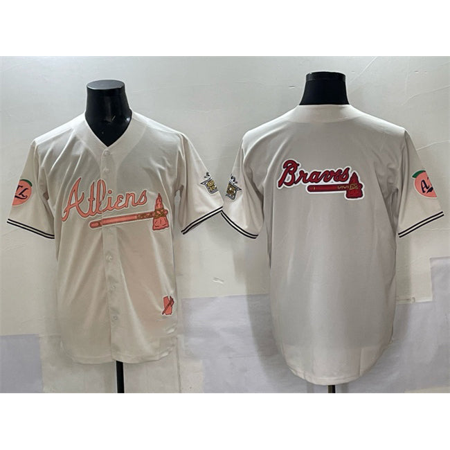 Atlanta Braves Team Big Logo Cream 2024 Atliens & Peach With Outkast Patch Vapor Limited Stitched Baseball Jersey