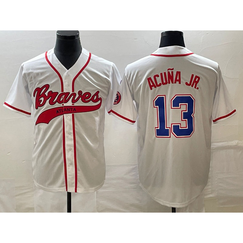 Atlanta Braves #13 Ronald Acuna Jr White Cool Base With Patch Stitched Baseball Jersey