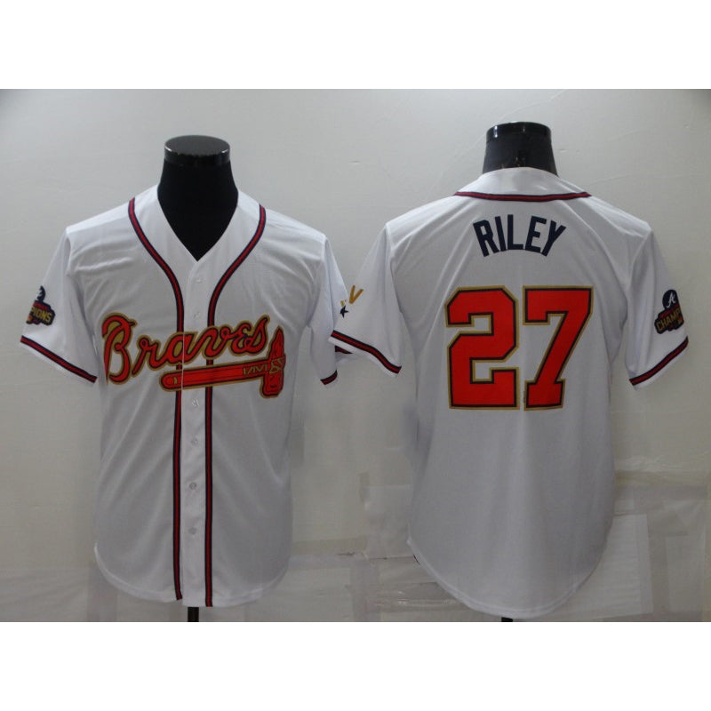 Atlanta Braves #27 Austin Riley 2022 White Gold World Series Champions Program Cool Base Stitched Baseball Jersey