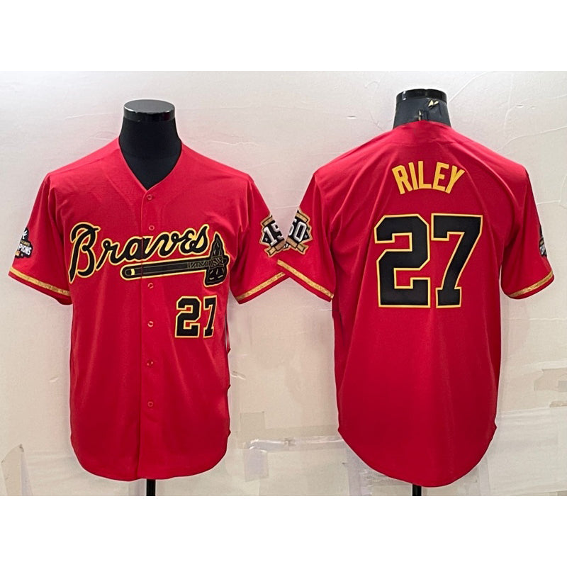 Atlanta Braves #27 Austin Riley Red Gold World Series Champions Program Cool Base Stitched Baseball Jersey