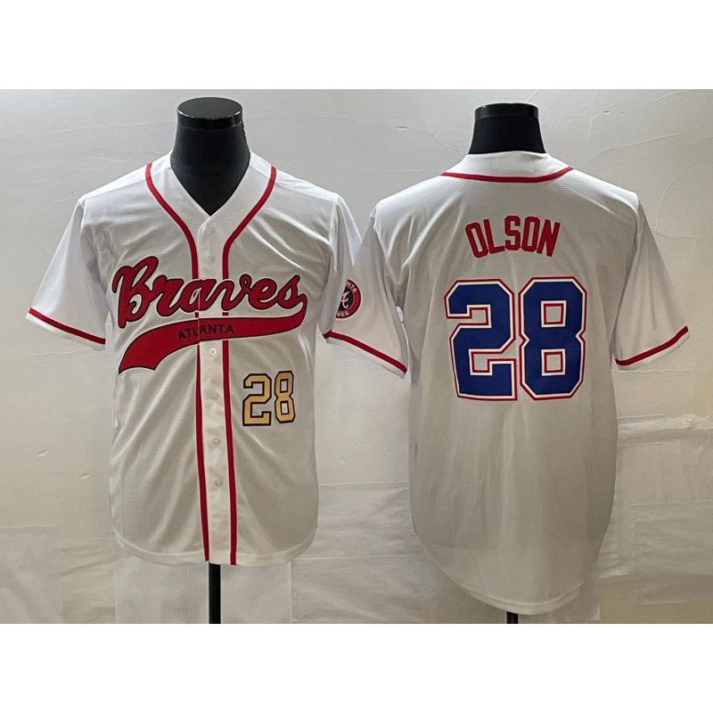 Atlanta Braves #28 Matt Olson Number White Cool Base With Patch Stitched Baseball Jersey