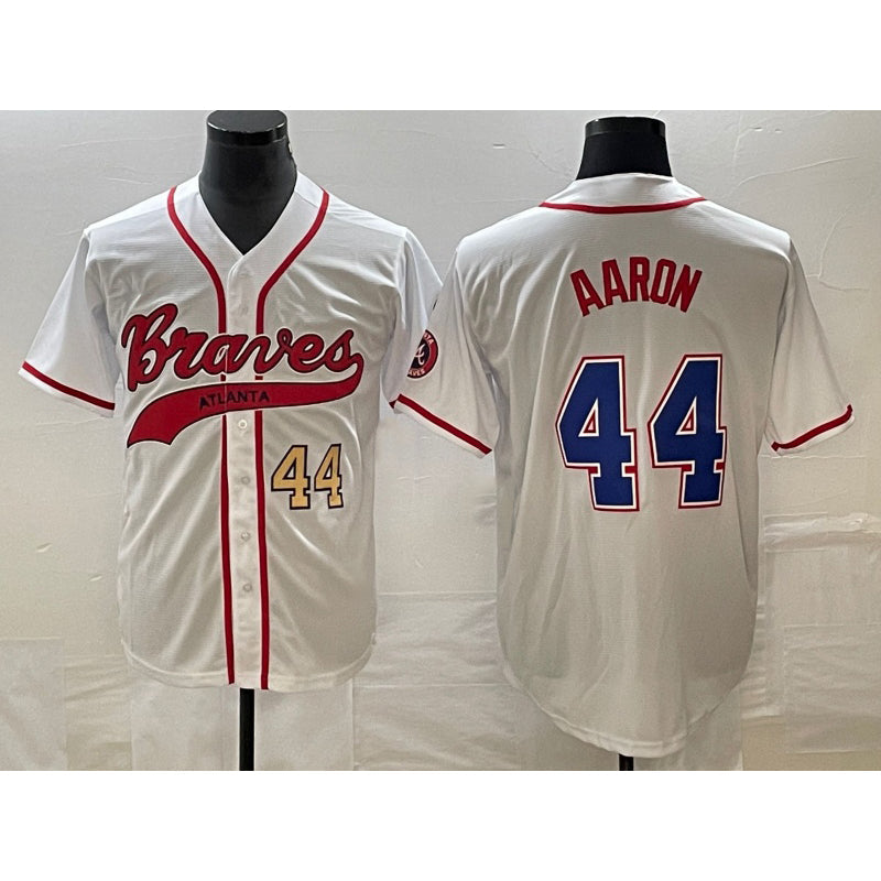 Atlanta Braves #44 Hank Aaron Number White Cool Base With Patch Stitched Baseball Jersey