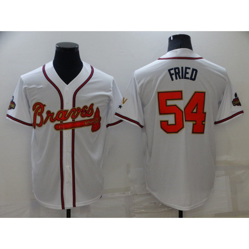 Atlanta Braves #54 Max Fried 2022 White Gold World Series Champions Program Cool Base Stitched Baseball Jersey