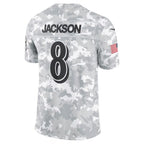 B.Ravens #8 Lamar Jackson Arctic Camo 2024 Salute to Service Limited Stitched Football American Jersey