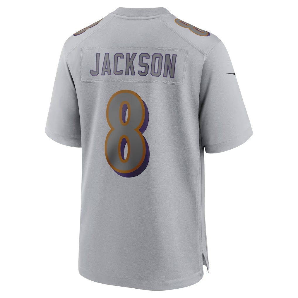 B.Ravens #8 Lamar Jackson Atmosphere Fashion Game Jersey - Gray Stitched Football American Jersey