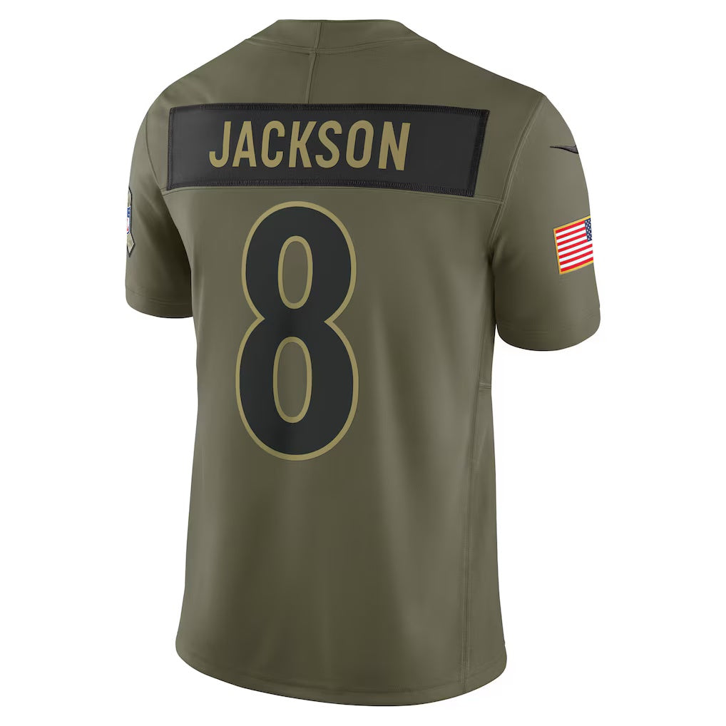 B.Ravens #8 Lamar Jackson Olive 2025 Salute to Service Limited Stitched Football American Jersey