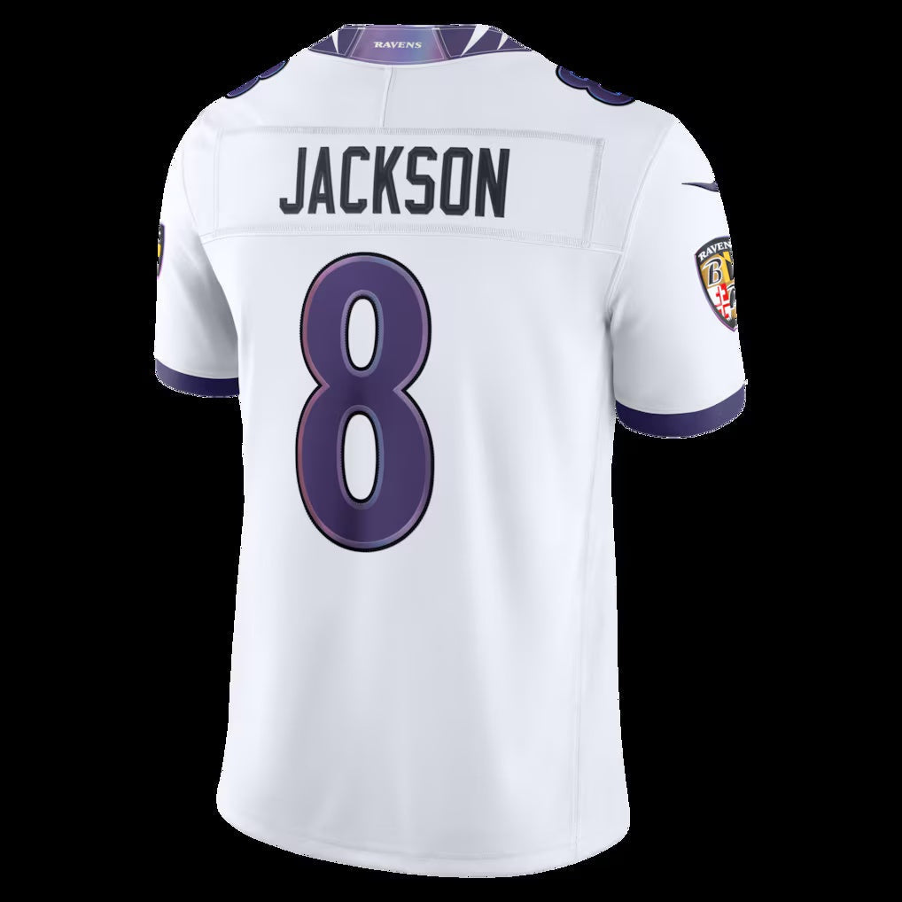 B.Ravens #8 Lamar Jackson White Vapor F.U.S.E. Sewn Down Limited Stitched Football American Jersey