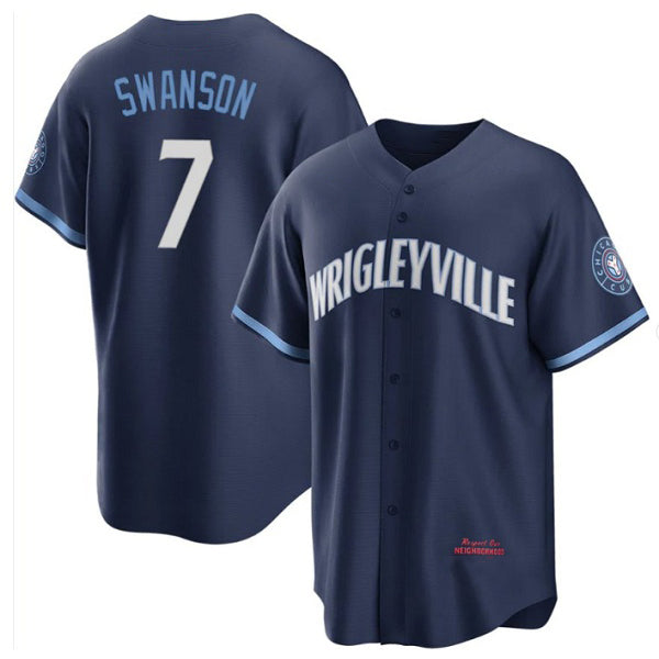 Chicago Cubs #7 Dansby Swanson Navy City Connect Cool Base Stitched Baseball Jersey
