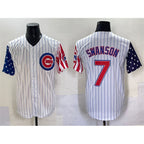 Chicago Cubs #7 Dansby Swanson White Pinstripe 2025 Independence Day Vapor Premier Limited Stitched Baseball Jersey