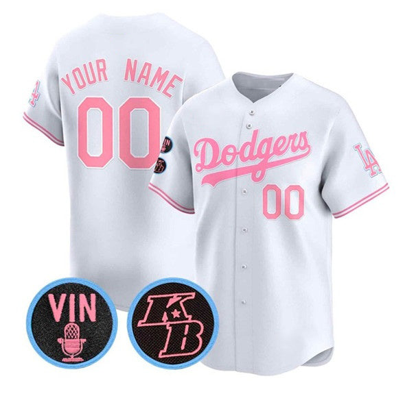 Custom Los Angeles Dodgers Active Player White Pink With Vin & Kobe Patch Limited Stitched Baseball Jersey