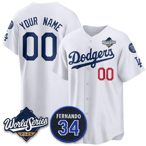 Custom Los Angeles Dodgers ACTIVE PLAYER White 2025 World Series With No. 34 Patch Limited Stitched Baseball Jersey
