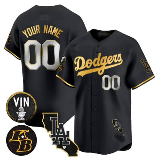 Dodgers Vin Patch & Kobe Bryant Gold Trim Vapor Premier Limited Custom Jersey V2 ¨C All Stitched-Black Baseball Jersey