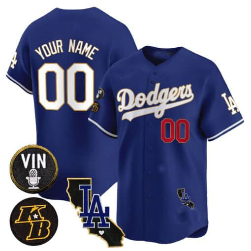 Dodgers Vin Patch & Kobe Bryant Gold Trim Vapor Premier Limited Custom Jersey V2 ¨C Royal Baseball Jersey