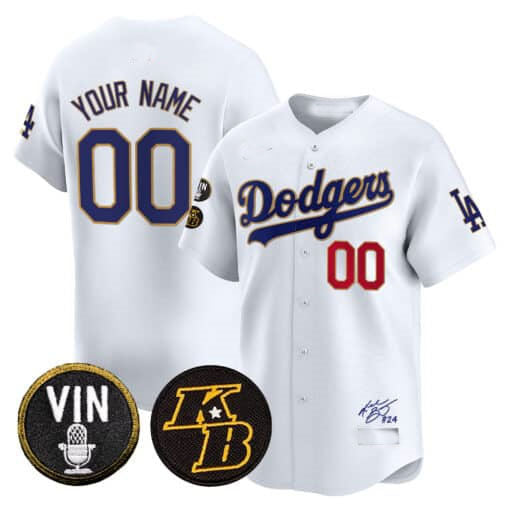 Dodgers Vin Patch & Kobe Bryant Signature Vapor Premier Limited Custom Jersey ¨C White Gold Baseball Jersey