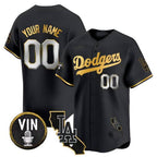 Dodgers Vin & California Patch Gold Trim Vapor Premier Limited Custom Jersey ¨C All Stitched-Black Baseball Jersey