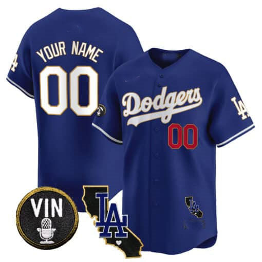Dodgers Vin & California Patch Gold Trim Vapor Premier Limited Custom Jersey ¨C Royal Baseball Jersey