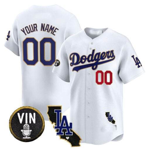 Dodgers Vin & California Patch Gold Trim Vapor Premier Limited Custom Jersey ¨C White Gold Baseball Jersey