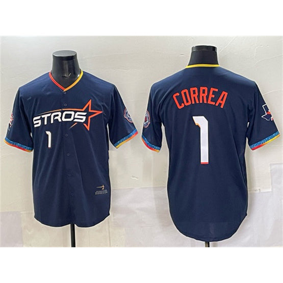 Houston Astros #1 Carlos Correa Navy 2025 City Connect With Texas Patch Limited Stitched Baseball Jersey