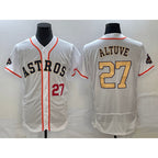 Houston Astros #27 Jose Altuve Number 2023 White Gold World Serise Champions Patch Flex Base Stitched Baseball Jersey