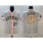 Houston Astros #27 Jose Altuve Number 2023 White Gold World Serise Champions Patch Flex Base Stitched Baseball Jersey