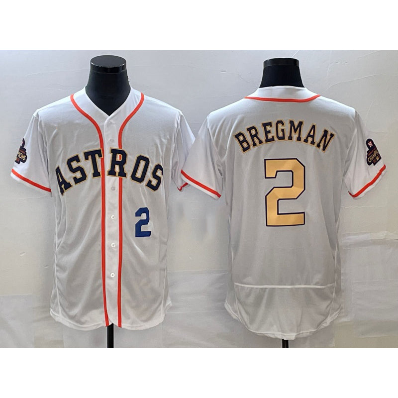 Houston Astros #2 Alex Bregman Number 2023 White Gold World Serise Champions Patch Flex Base Stitched Baseball Jersey