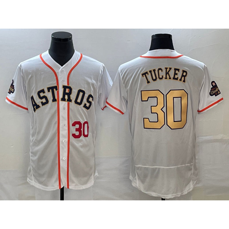 Houston Astros #30 Kyle Tucker Number 2023 White Gold World Serise Champions Patch Flex Base Stitched Baseball Jersey
