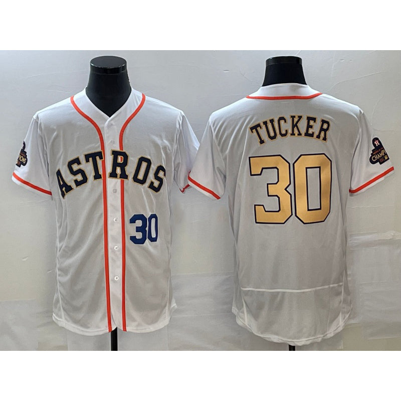 Houston Astros #30 Kyle Tucker Number 2023 White Gold World Serise Champions Patch Flex Base Stitched Baseball Jersey