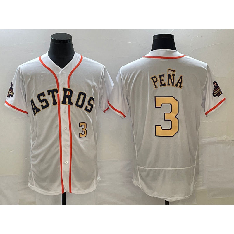 Houston Astros #3 Jeremy Pena Number 2023 White Gold World Serise Champions Patch Flex Base Stitched Baseball Jersey