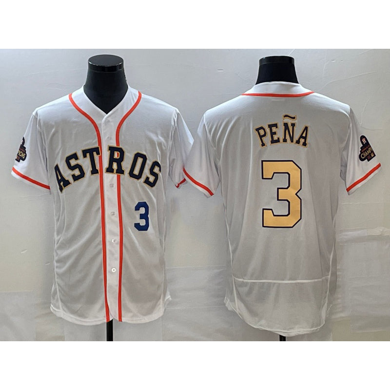Houston Astros #3 Jeremy Pena Number 2023 White Gold World Serise Champions Patch Flex Base Stitched Baseball Jersey