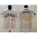 Houston Astros #44 Yordan Alvarez Number 2023 White Gold World Serise Champions Patch Flex Base Stitched Baseball Jersey