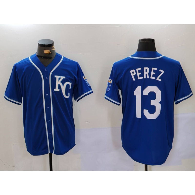 Kansas City Royals #13 Salvador Perez Blue KC Cool Base Stitched Baseball Jersey