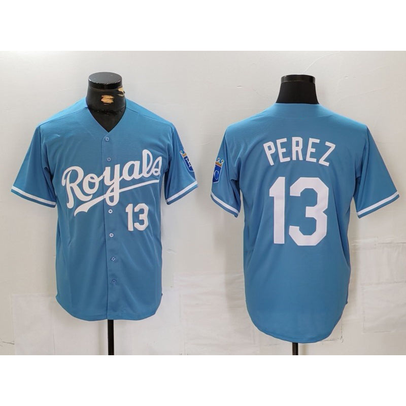 Kansas City Royals #13 Salvador Perez Number Light Blue Cool Base Stitched Baseball Jersey