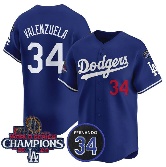 Los Angeles Dodgers #34 Toro Valenzuela  Active Player Cuatom Royal 2024 World Series Champions With Fernando Memorial Patch Alternate Limited Stitched Baseball jersey