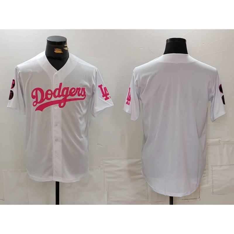 Los Angeles Dodgers Team Big Logo White Pink Vin & Kobe Patch Stitched Baseball jersey