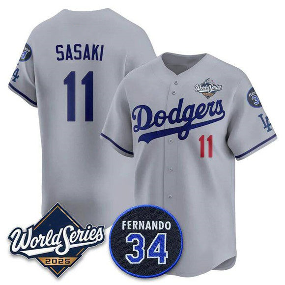 Los Angeles Dodgers #11 R¨­ki Sasaki Gray 2025 World Series With No. 34 Patch Limited Stitched Baseball Jersey
