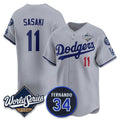 Los Angeles Dodgers #11 R¨­ki Sasaki Gray 2025 World Series With No. 34 Patch Limited Stitched Baseball Jersey