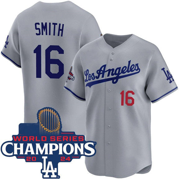 Los Angeles Dodgers #16 Will Smith Gray 2024 World Series Champions Patch Limited Stitched Baseball Jersey