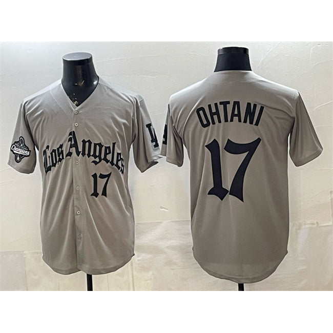 Los Angeles Dodgers #17 Shohei Ohtani Grey LA Gothic Style With 2025 World Series Champions Patch Limited Stitched Baseball Jersey