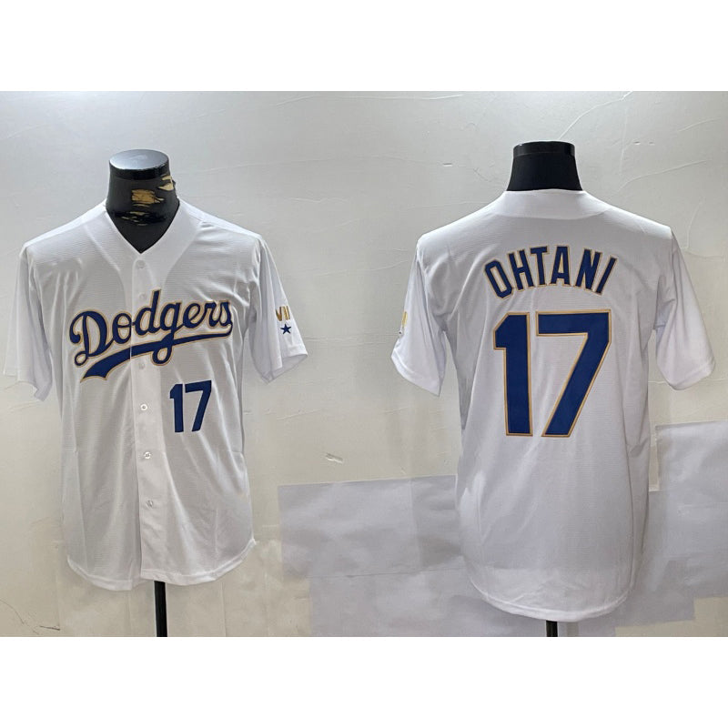 Los Angeles Dodgers #17 Shohei Ohtani Number White Gold Championship Stitched Cool Baseball Jersey