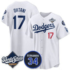 Los Angeles Dodgers #17 Shohei Ohtani White 2025 World Series With No. 34 Patch Limited Stitched Baseball jersey