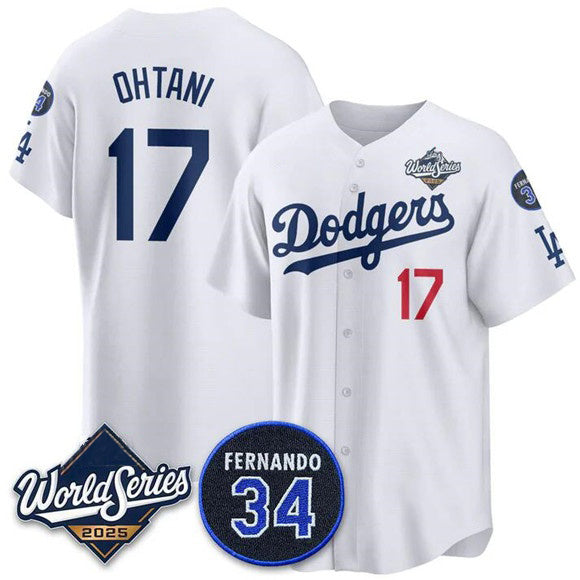 Los Angeles Dodgers #17 Shohei Ohtani White 2025 World Series With No. 34 Patch Limited Stitched Baseball jersey