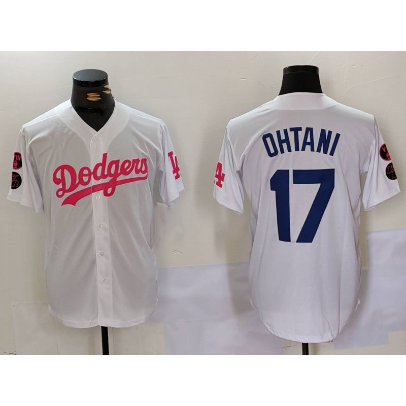 Los Angeles Dodgers #17 Shohei Ohtani White Pink Vin & Kobe Patch Stitched Baseball jersey