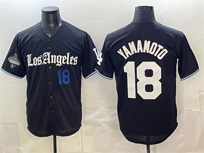 Los Angeles Dodgers #18 Yoshinobu Yamamoto Black 2025 World Series Champions Patch 'Gothic Edition' Vapor Premier Limited Stitched Baseball Jersey