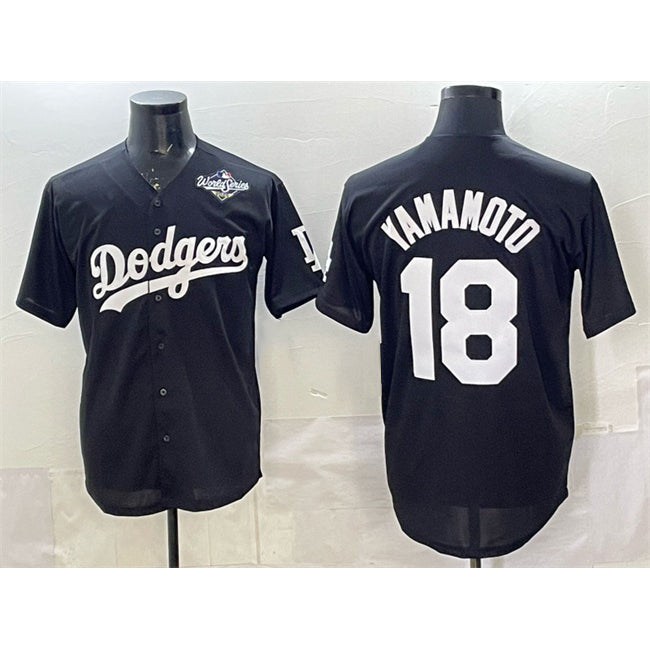 Los Angeles Dodgers #18 Yoshinobu Yamamoto Black 2025 World Series Patch Cool Base Stitched Baseball jersey