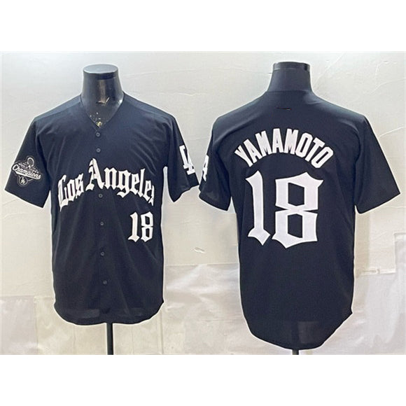 Los Angeles Dodgers #18 Yoshinobu Yamamoto Black LA Gothic Style With 2025 World Series Champions Patch Limited Stitched Baseball jersey