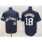 Los Angeles Dodgers #18 Yoshinobu Yamamoto Black LA Gothic Style With 2025 World Series Champions Patch Limited Stitched Baseball jersey