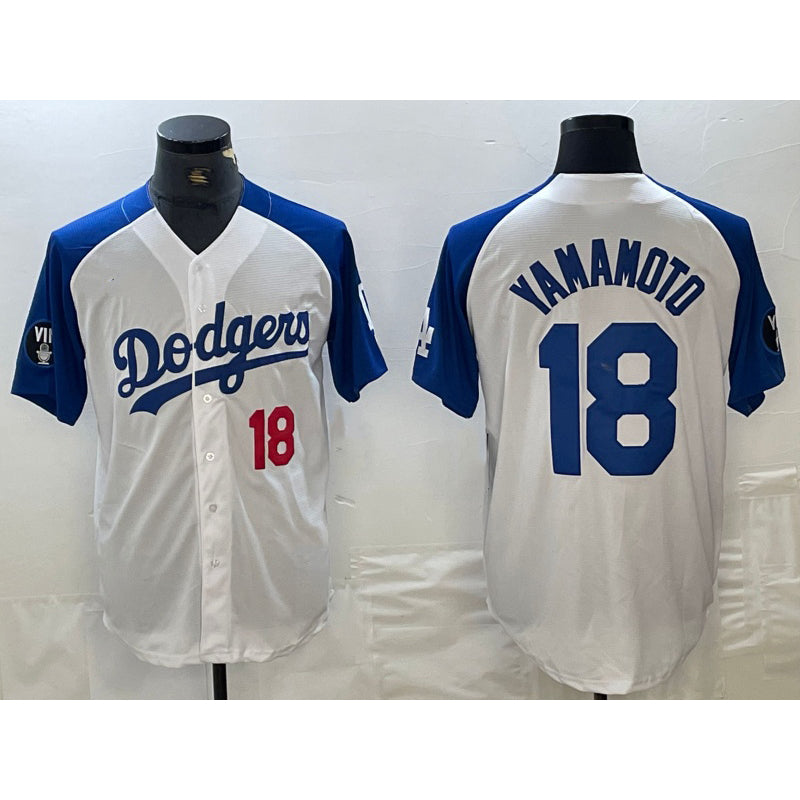 Los Angeles Dodgers #18 Yoshinobu Yamamoto Number White Blue Fashion Stitched Cool Base Limited Baseball jersey