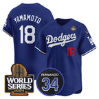 Los Angeles Dodgers #18 Yoshinobu Yamamoto Royal 2024 World Series With Fernando Memorial Patch Limited Stitched Baseball jersey